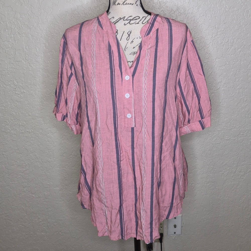 Emery Rose Pink Striped Embroidered Henley Blouse Short Sleeve 1XL
